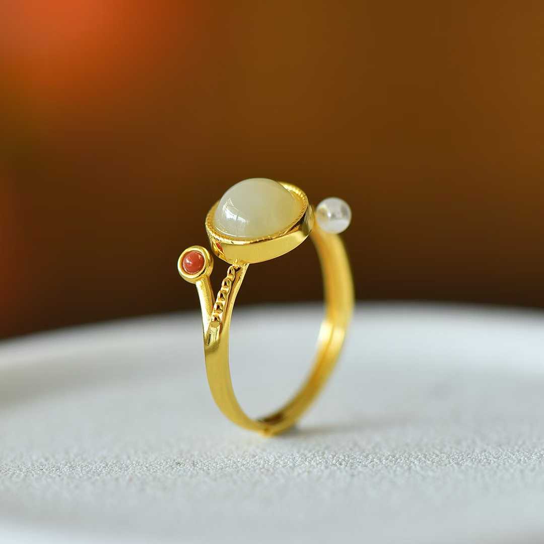 925 Silver Inlaid White Hetian Nephrite "Complete & Perfect" Round Ring