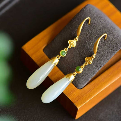 925 Silver Inlaid White Hetian Nephrite Long Drop Earrings