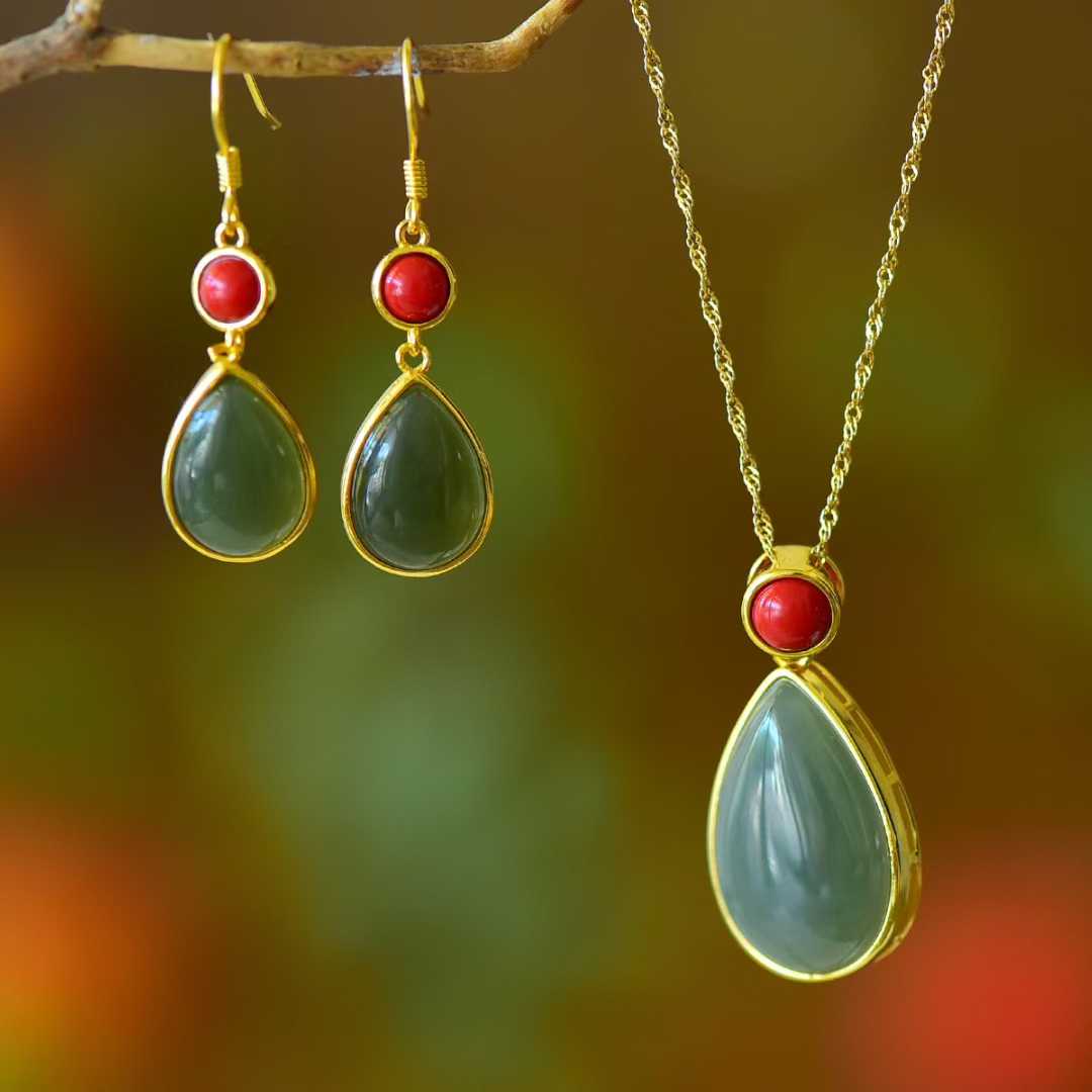S925 Silver Inlaid Hetian Nephrite "Water Drop & Cinnabar" Minimalist Elegance Jewelry Set