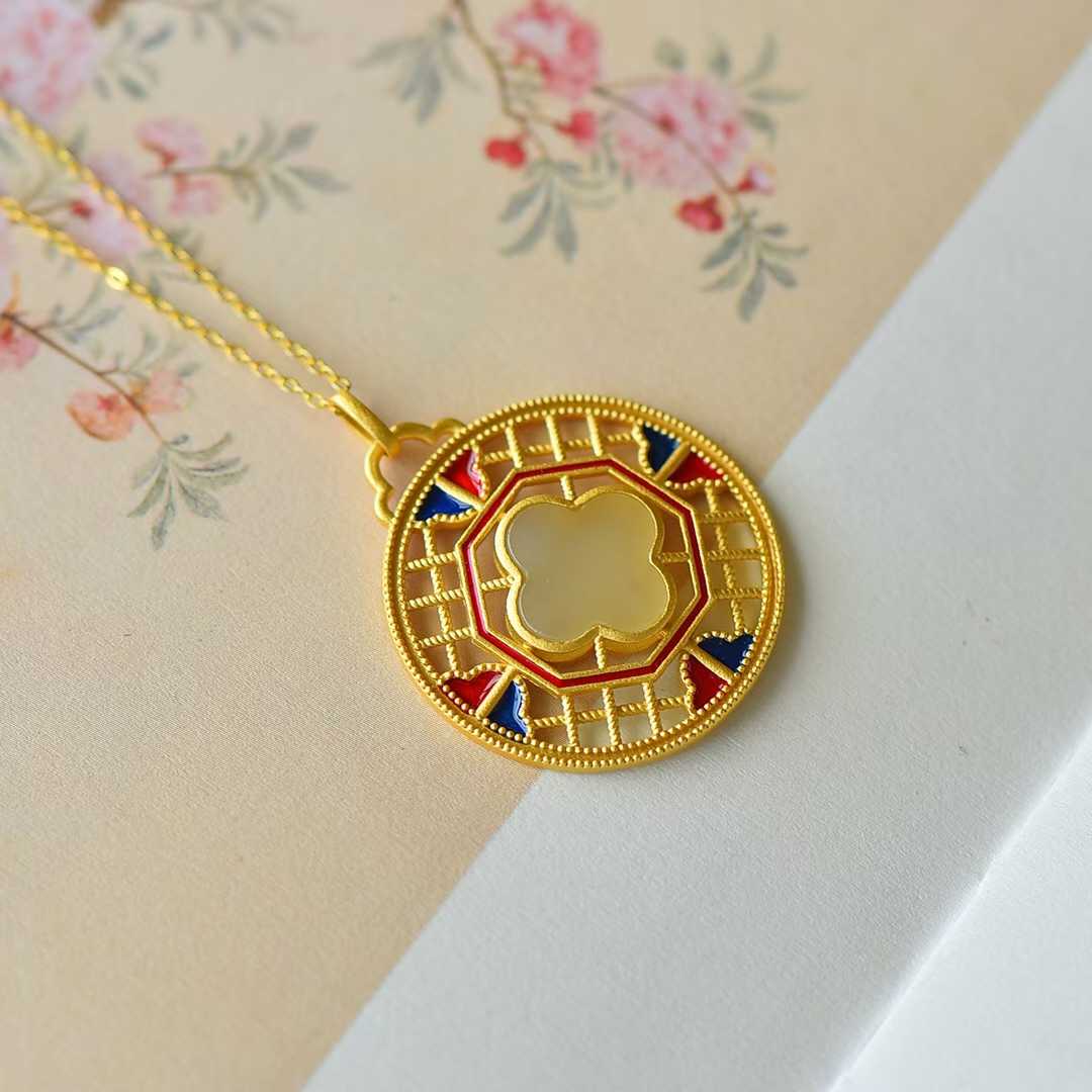 925 Silver Inlaid Nephrite Enamel Four-Leaf Clover Pendant