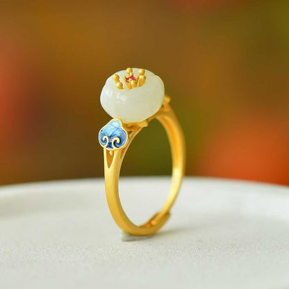 925 Silver Inlaid Hetian White Nephrite "Lotus, Auspicious Clouds & Continuous Blessings" Enamel Ring