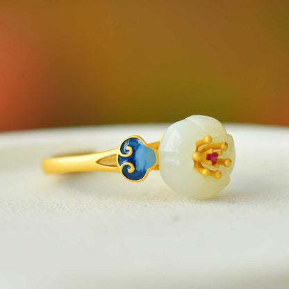 925 Silver Inlaid Hetian White Nephrite "Lotus, Auspicious Clouds & Continuous Blessings" Enamel Ring