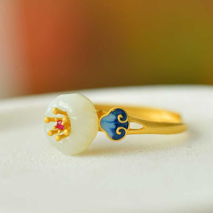925 Silver Inlaid Hetian White Nephrite "Lotus, Auspicious Clouds & Continuous Blessings" Enamel Ring