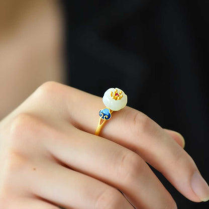 925 Silver Inlaid Hetian White Nephrite "Lotus, Auspicious Clouds & Continuous Blessings" Enamel Ring
