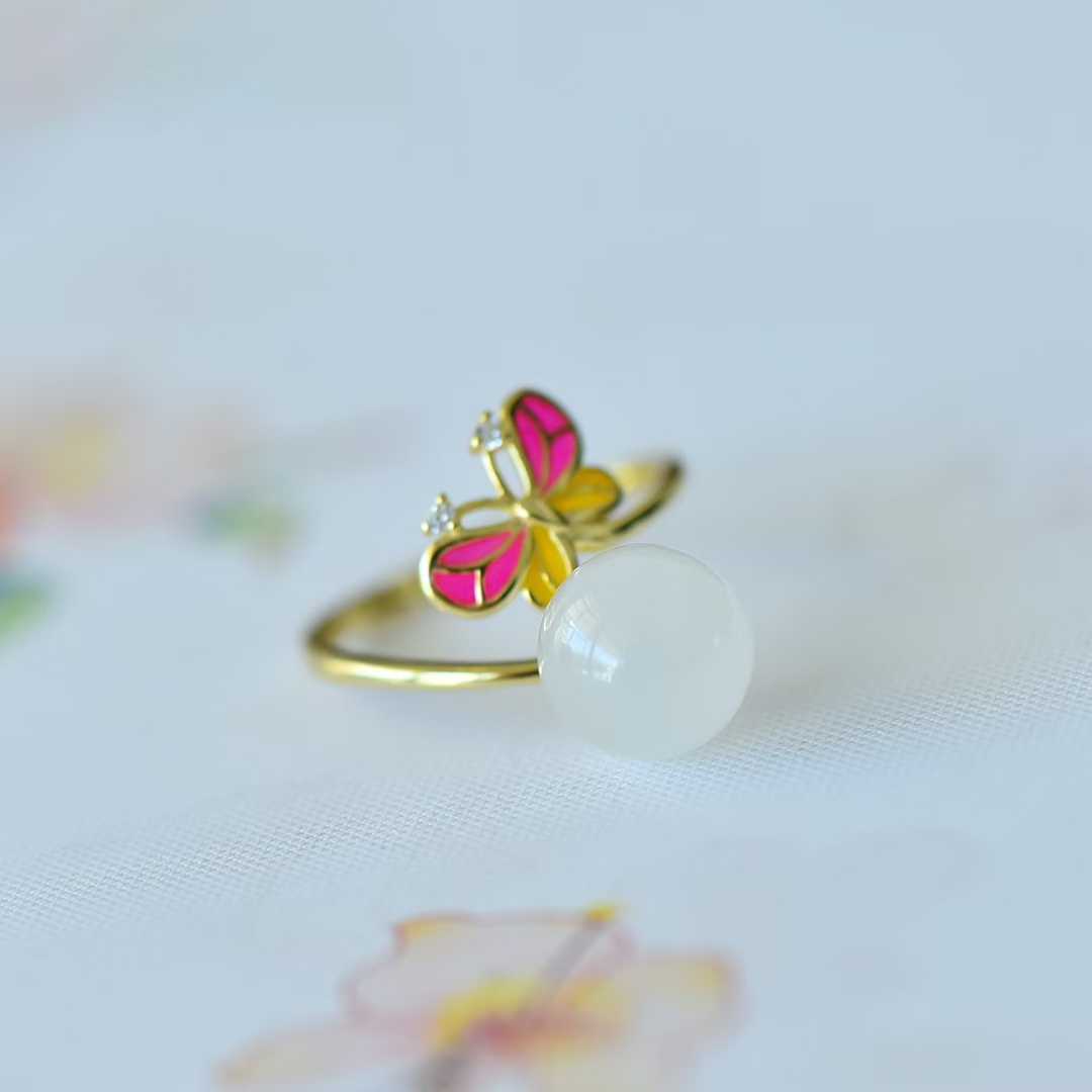 925 Silver Inlaid 10mm Hetian Nephrite Bead "Butterfly" Ring
