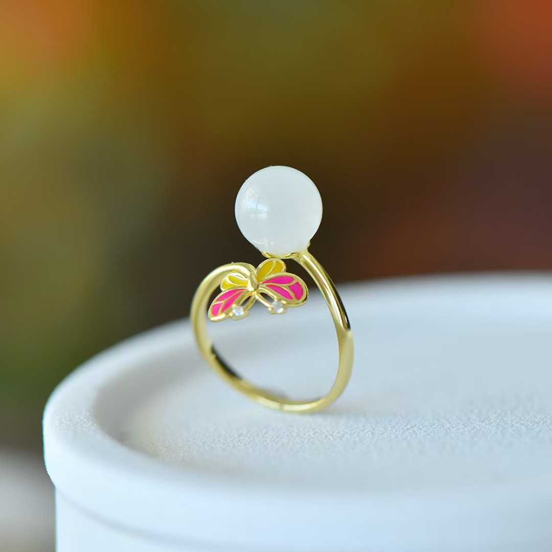 925 Silver Inlaid 10mm Hetian Nephrite Bead "Butterfly" Ring