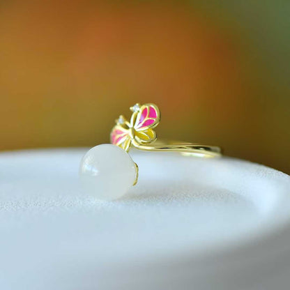 925 Silver Inlaid 10mm Hetian Nephrite Bead "Butterfly" Ring