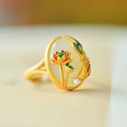 925 Silver Inlaid White Hetian Nephrite "Goldfish & Continuous Years" Auspicious Ring
