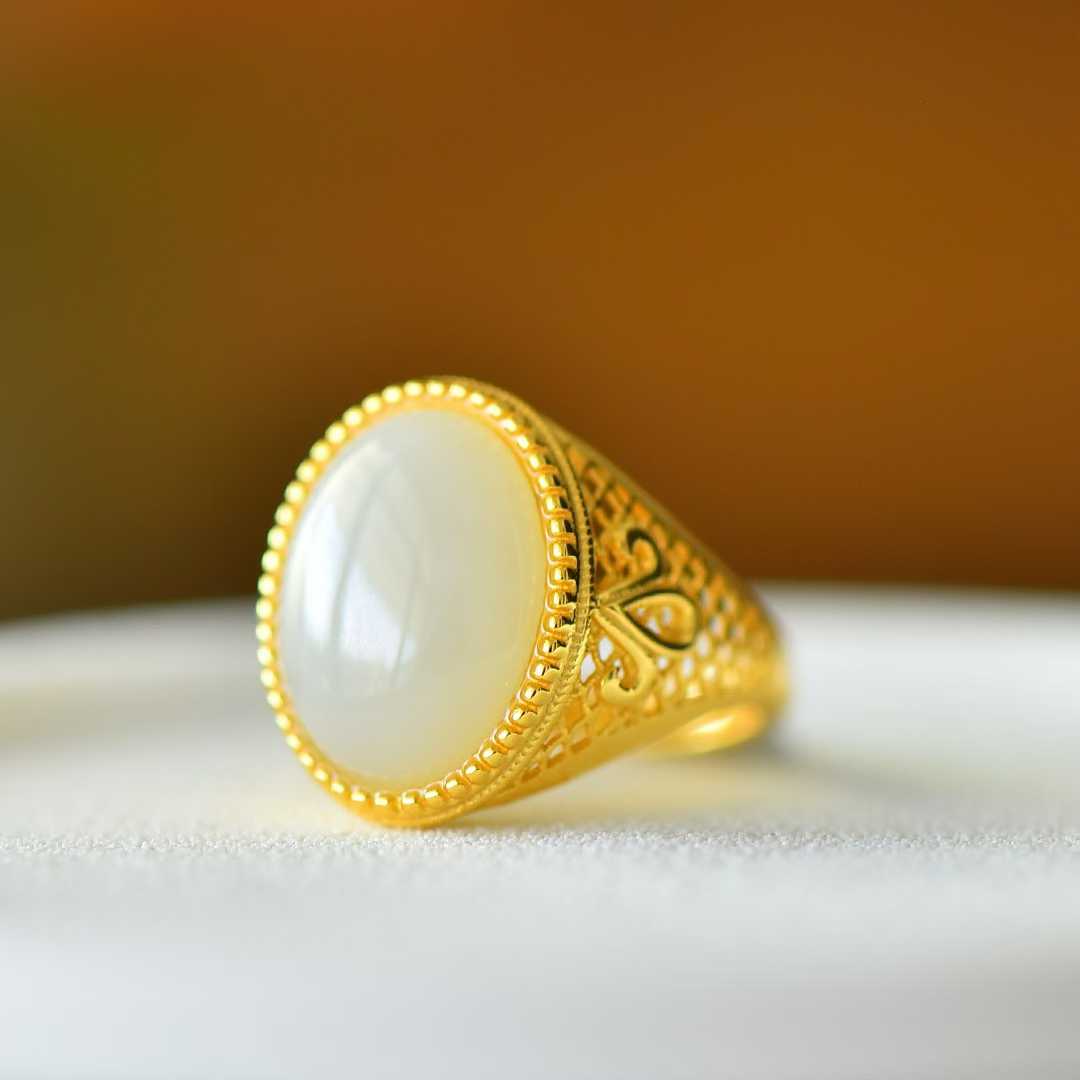 925 Silver Inlaid Hetian Nephrite "Love at First Sight" Cabochon Ring
