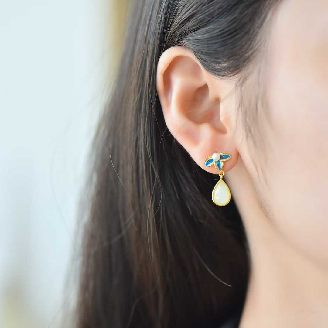 925 Silver Inlaid Hetian Nephrite "Water Drop, Orchid & Enamel" Earrings