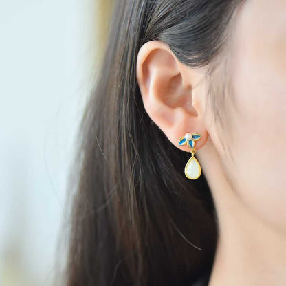 925 Silver Inlaid Hetian Nephrite "Water Drop, Orchid & Enamel" Earrings
