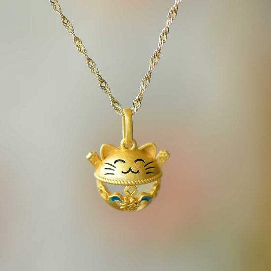 925 Silver Inlaid Nephrite "Lucky Fortune Cat" Pendant