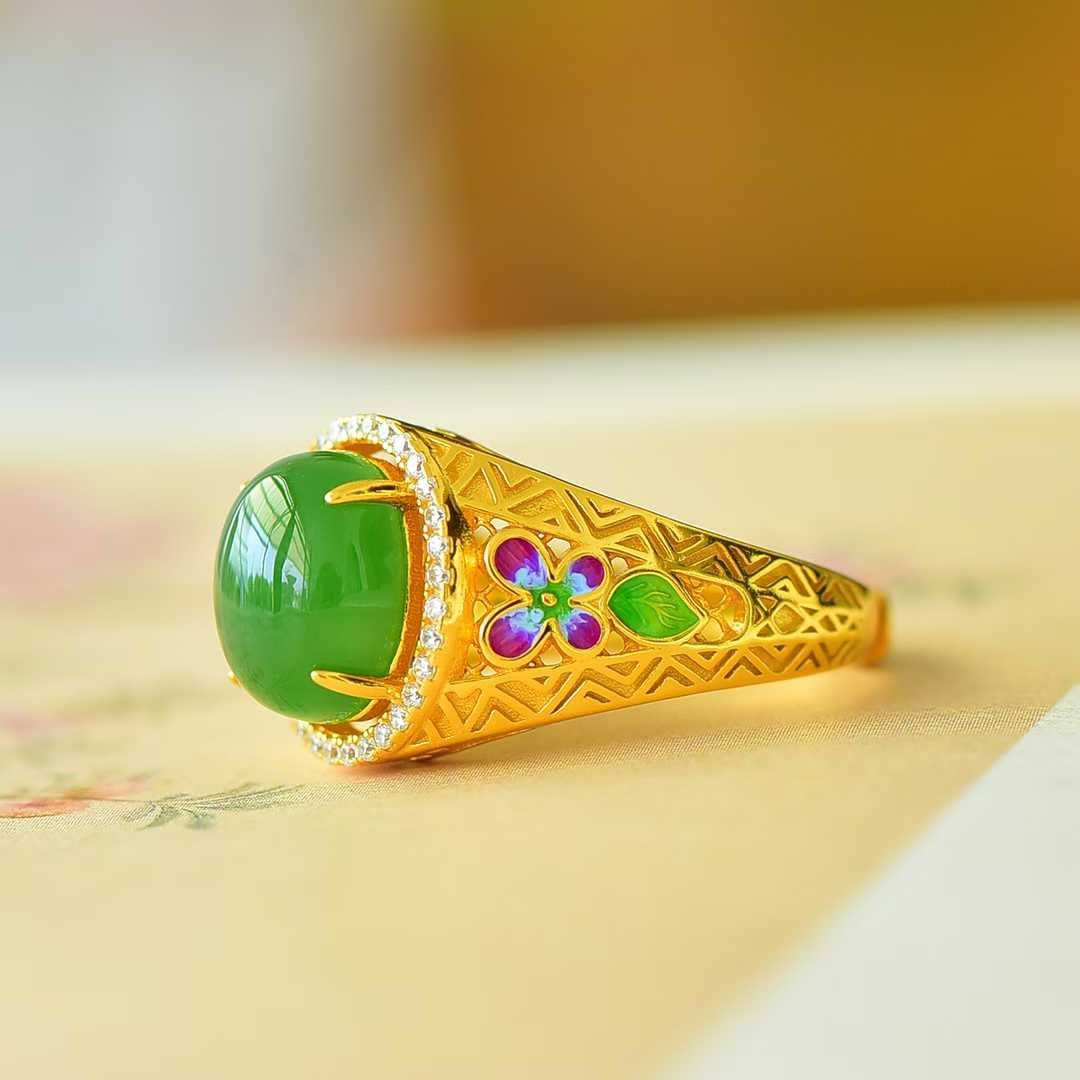 925 Silver Inlaid Blue Enamel, Hetian Spinach Green Nephrite Cabochon & Zircon Ring
