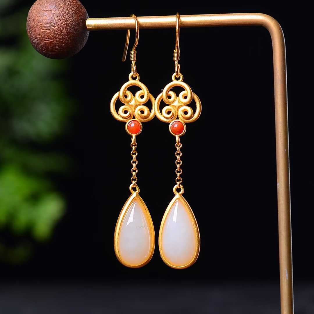 925 Silver Inlaid Hetian Jade Teardrop Earrings