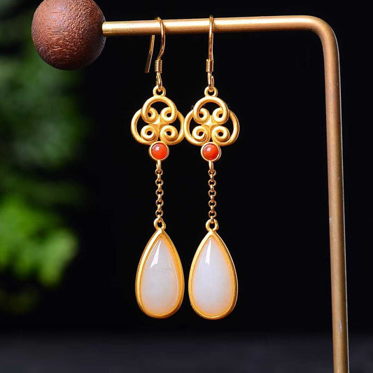 925 Silver Inlaid Hetian Jade Teardrop Earrings