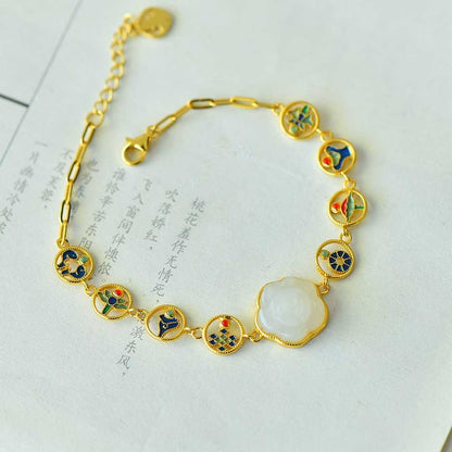 925 Silver Inlaid Enamel & Hetian Nephrite "Blooming Roses & Eight Treasures" Bracelet