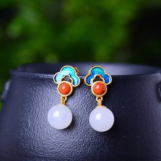 925 Silver Inlaid Hetian Nephrite 8mm White Jade Bead & Enamel Jewelry Set