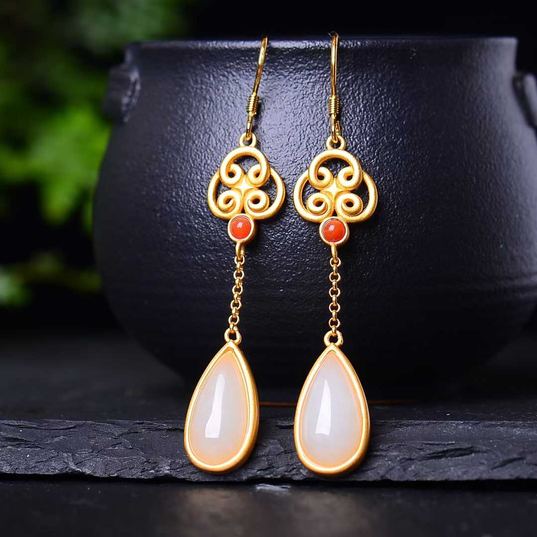 925 Silver Inlaid Hetian Jade Teardrop Earrings