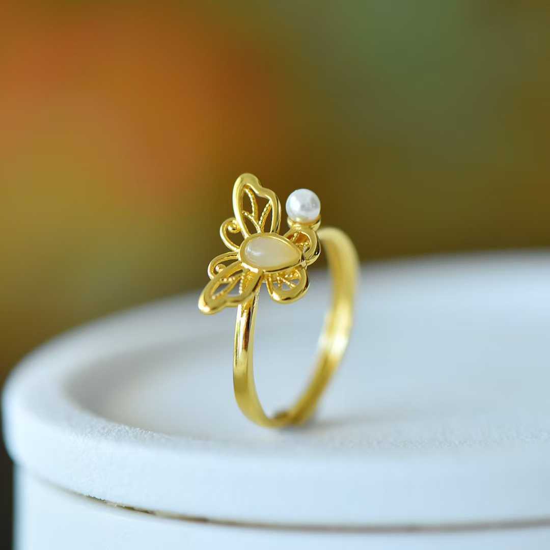 925 Silver Inlaid Hetian Nephrite "Water Drop & Butterfly" Hollow-Out Ring