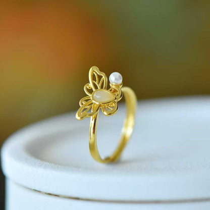 925 Silver Inlaid Hetian Nephrite "Water Drop & Butterfly" Hollow-Out Ring