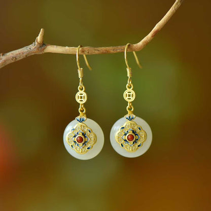 925 Silver Inlaid Hetian Nephrite "Blooming Prosperity & Peace Buckle" Jewelry Set