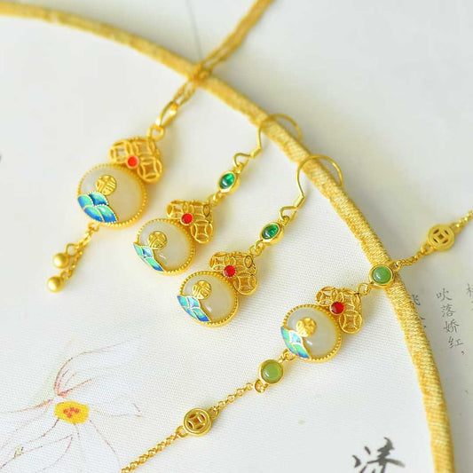 S925 Silver Inlaid Nephrite "Fuyun Lianlian" Jewelry Set