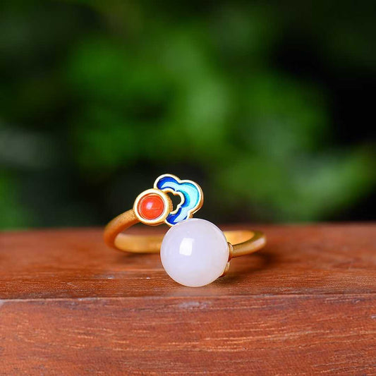 925 Silver Inlaid Hetian Nephrite 8mm White Jade Bead & Enamel Jewelry Set