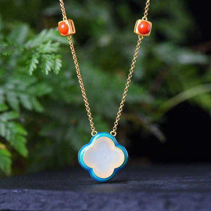 925 Silver Inlaid Nephrite Enamel Four-Leaf Clover Jewelry Set