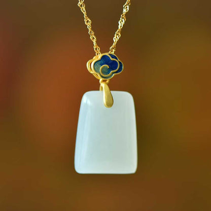 925 Silver-Inlaid Hetian Jade Pendant (Trapezoidal Peace Plaque, Auspicious Clouds & Ruyi Design)