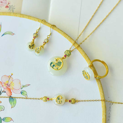 S925 Silver Inlaid Hetian Nephrite "Prosperity & Peace Buckle" Jewelry Set