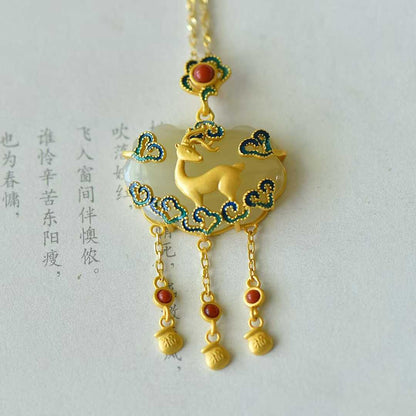 Ancient-Style Silver-Inlaid Hetian Jade Enamel Pendant with "Deer (Bringing You Good Fortune)", "Ruyi" & "Lucky Lock" Designs