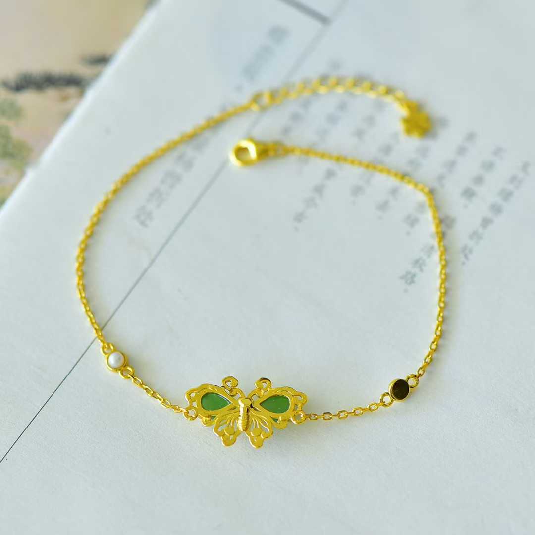 925 Silver Inlaid Hetian Nephrite "Water Drop & Butterfly" Bracelet