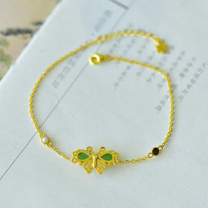 925 Silver Inlaid Hetian Nephrite "Water Drop & Butterfly" Bracelet