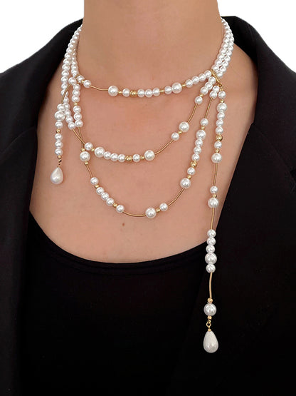 Highlight round pearl long pendant chain