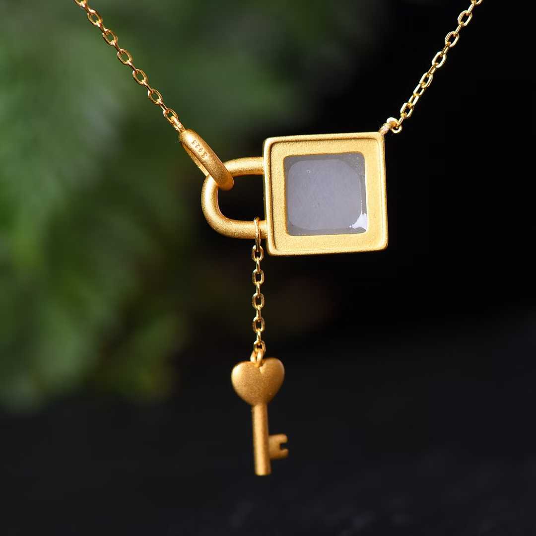 925 Silver Inlaid Hetian Nephrite "Smoky Gray Key & Lock" Pendant