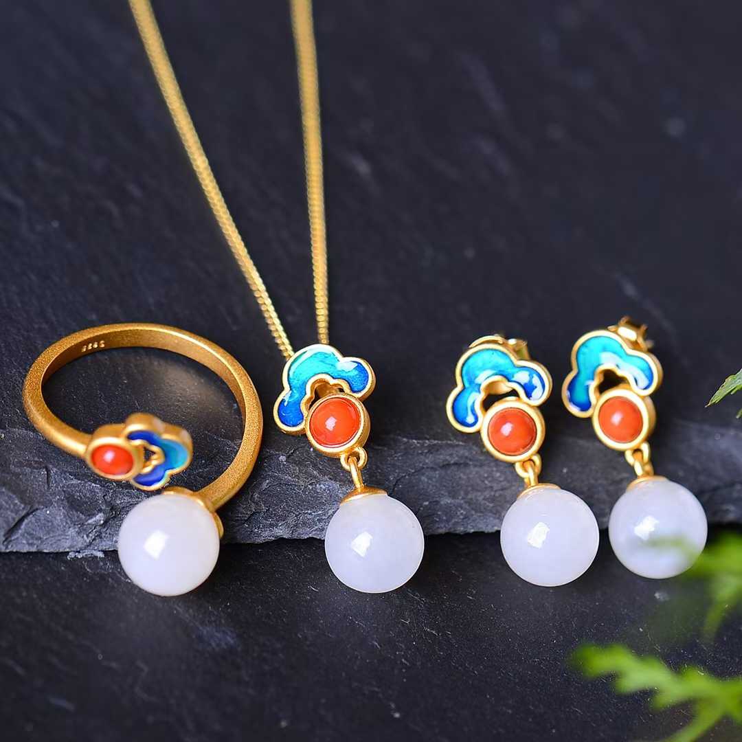 925 Silver Inlaid Hetian Nephrite 8mm White Jade Bead & Enamel Jewelry Set