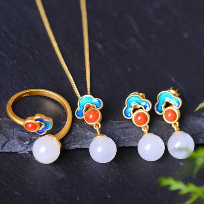 925 Silver Inlaid Hetian Nephrite 8mm White Jade Bead & Enamel Jewelry Set