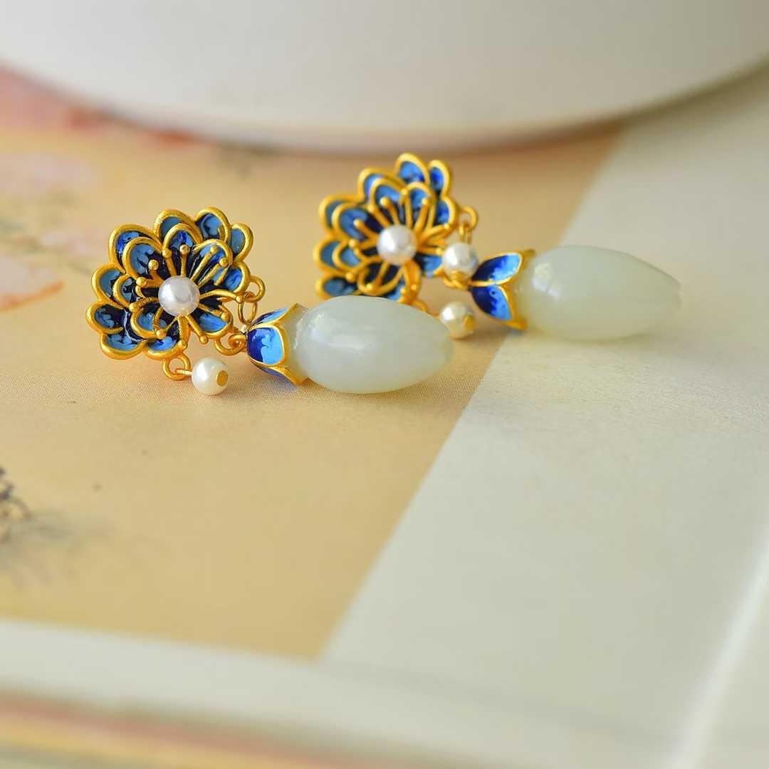 925 Silver Inlaid Hetian Nephrite "Peony in Bloom" Earrings