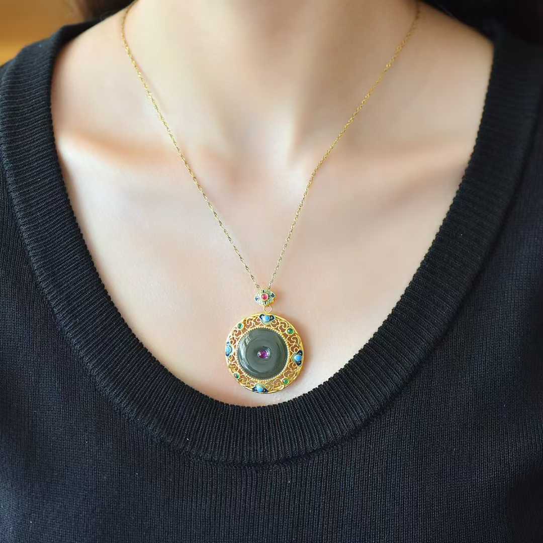 925 Silver Inlaid Hetian Nephrite "Peace Buckle & Ruyi" Pendant