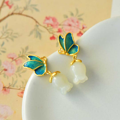 925 Silver Inlaid Nephrite Pomegranate Flower and Butterfly Earrings