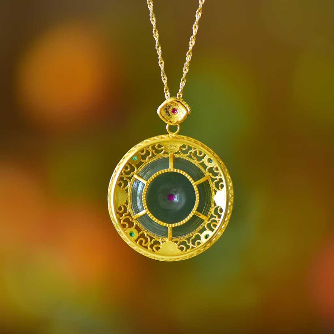 925 Silver Inlaid Hetian Nephrite "Peace Buckle & Ruyi" Pendant