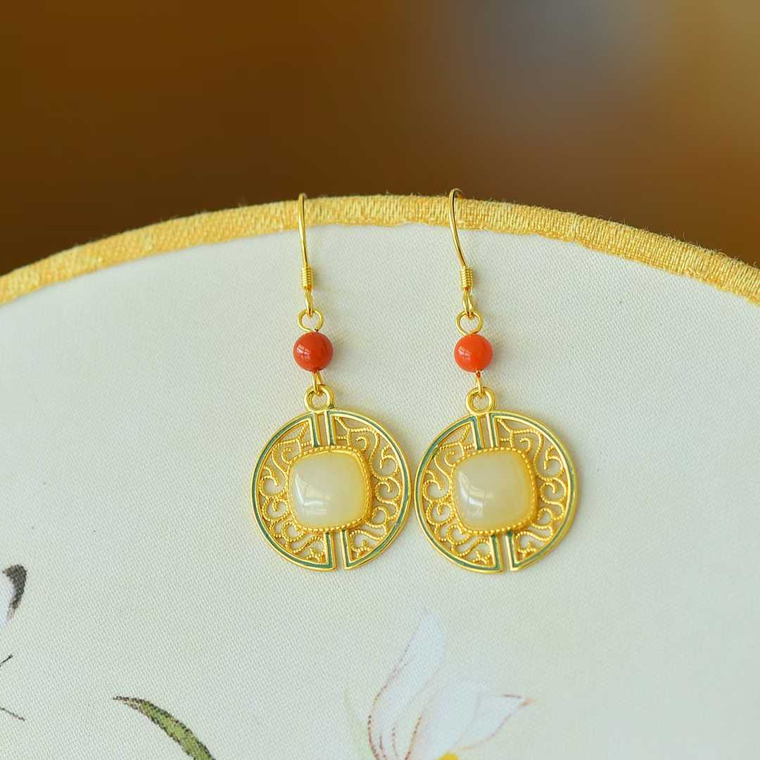 Vintage-Style Silver Inlaid Nephrite "Wanshou Vine" Earrings