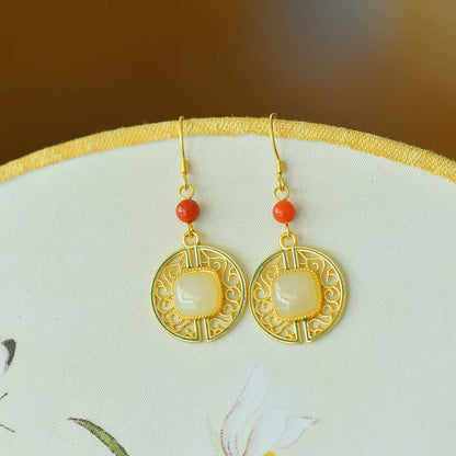 Vintage-Style Silver Inlaid Nephrite "Wanshou Vine" Earrings