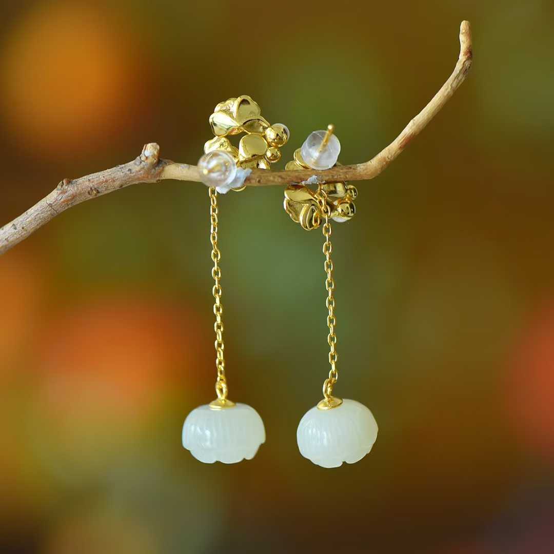 925 Silver Inlaid Hetian Nephrite "Lotus Bead & Lotus Earring" Set