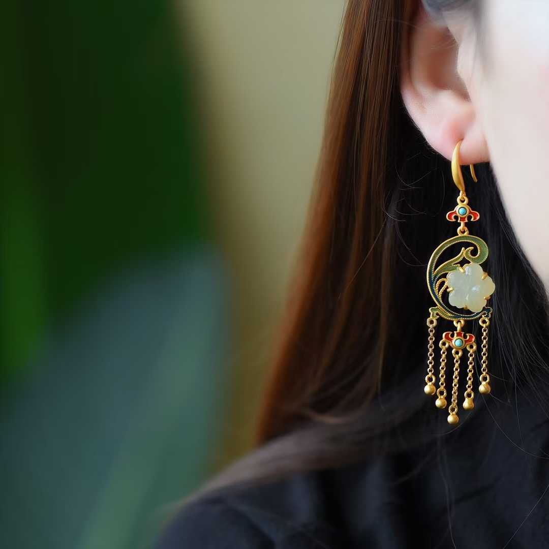 925 Silver Inlaid Natural Nephrite Drum-Face Earrings