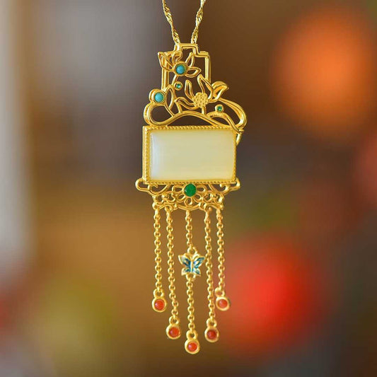 925 Silver-Inlaid Hetian Jade Pendant with "Lotus (Symbolizing Harmony & Bliss)" Design & Tassel