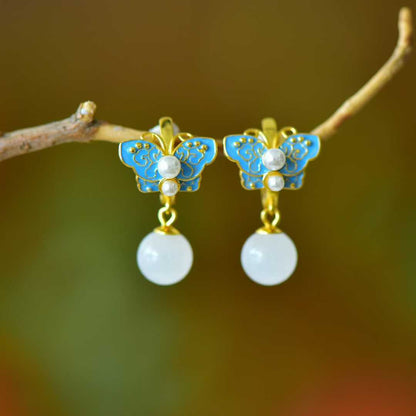 S925 Silver Inlaid Hetian Nephrite "Fluttering Butterflies" Jewelry Set