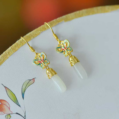 925 Silver Inlaid Hetian Nephrite Long Drop Butterfly Earrings