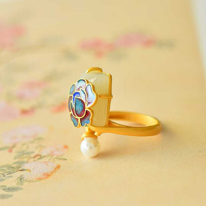S925 Silver Inlaid Hetian Nephrite Peony Enamel Ring