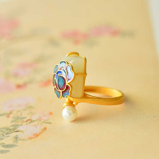 S925 Silver Inlaid Hetian Nephrite Peony Enamel Ring